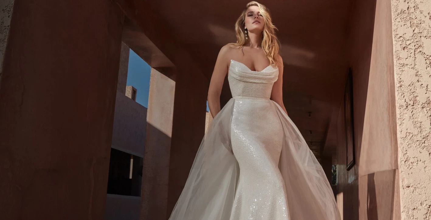 Photo of model wearing A Madison James gown. Desktop image