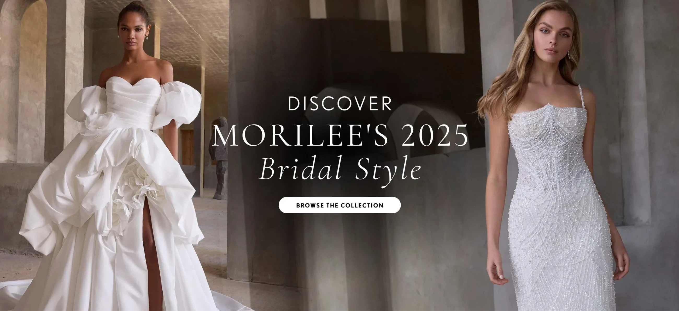 Models wearing Morilee 2930 and 2920 bridal gowns, desktop banner