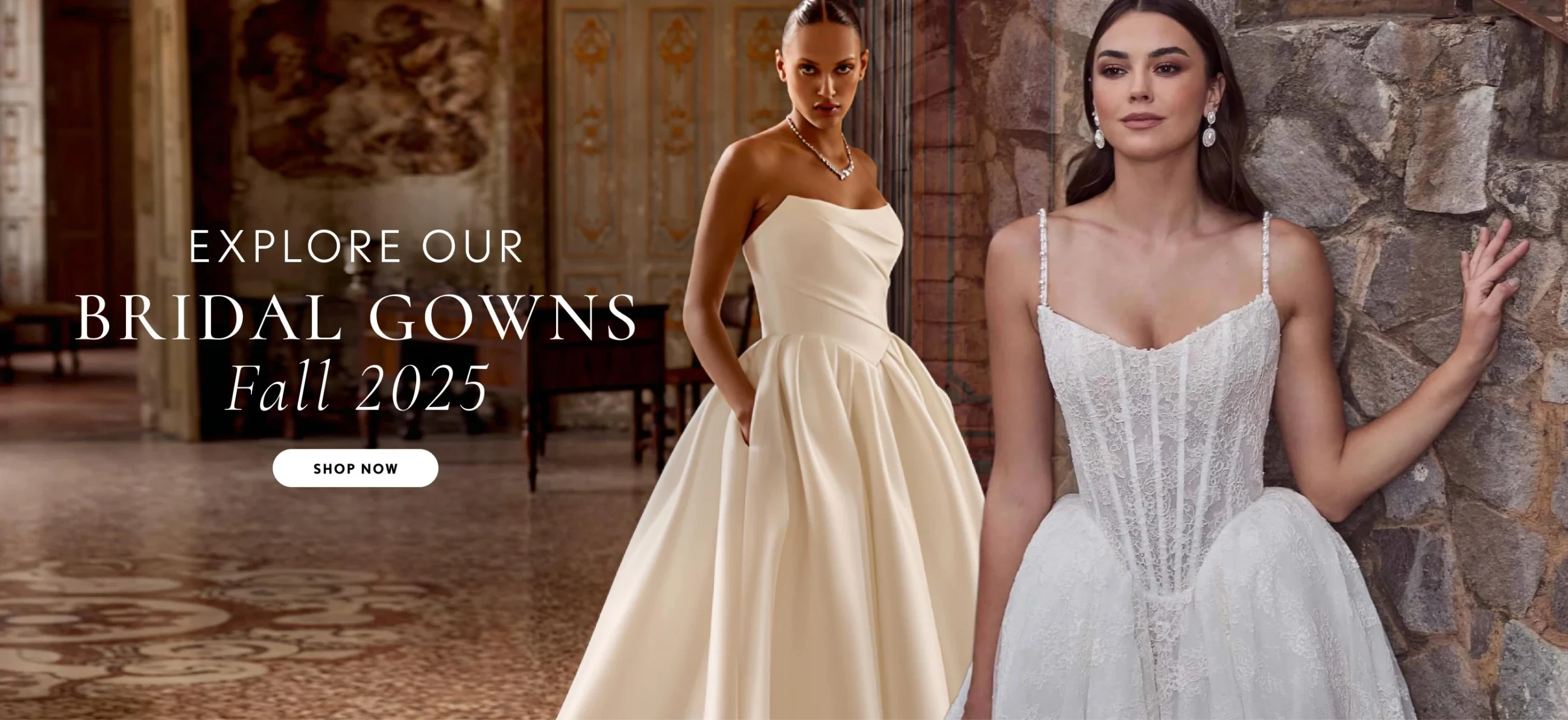 2 Models wearing Justin Alexander 88436 gown and Calla Blanche 125240 gown, desktop banner