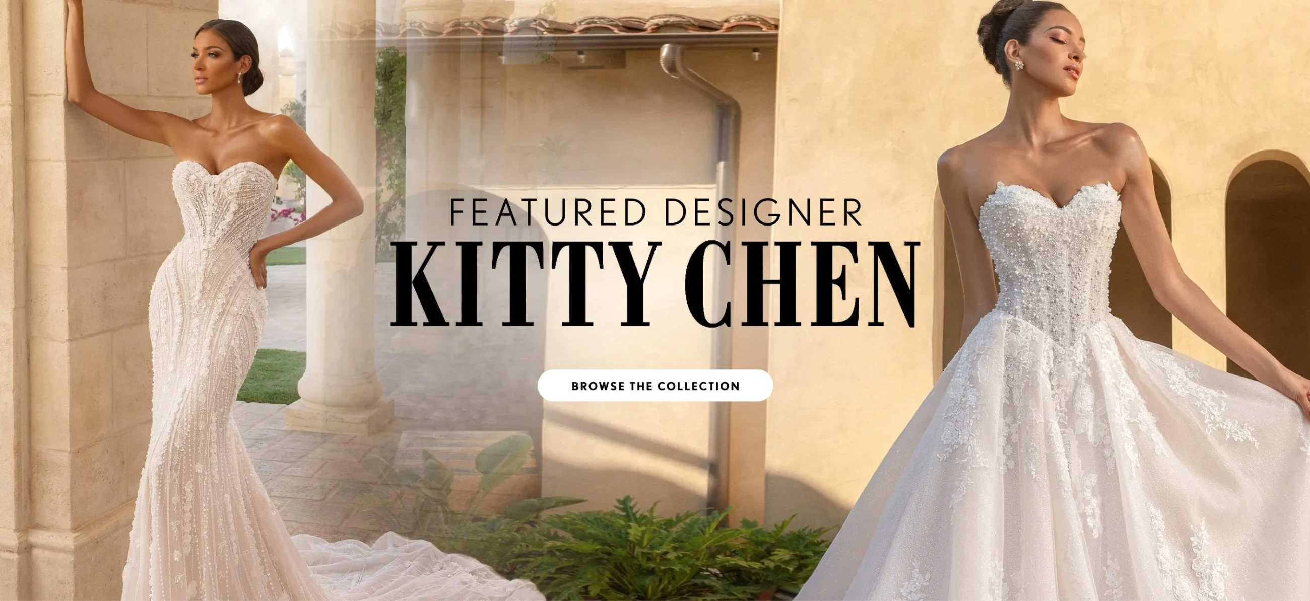 2 Models wearing Kitty Chen 2526 and 2519 gowns, desktop banner