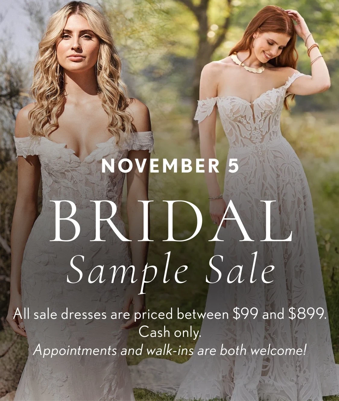 Models wearing Bridal dresses, Bridal Sample Sale mobile banner